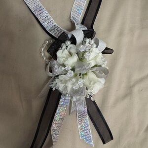 Handmade Elegant Black and Silver Floral wristlet corsage